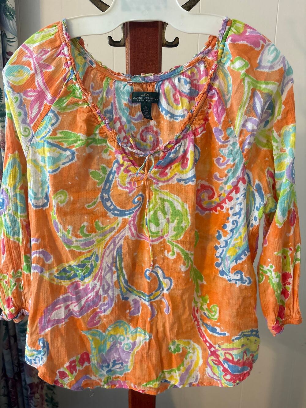Lauren Jeans Co Orange Paisley Peasant Blouse Sz Small